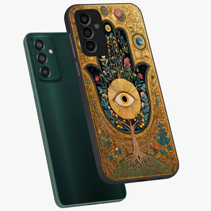 Ethereal Evil Eye Glass Case displayed in angled mockup highlighting protective evil eye symbol with spiritual aesthetic design.
