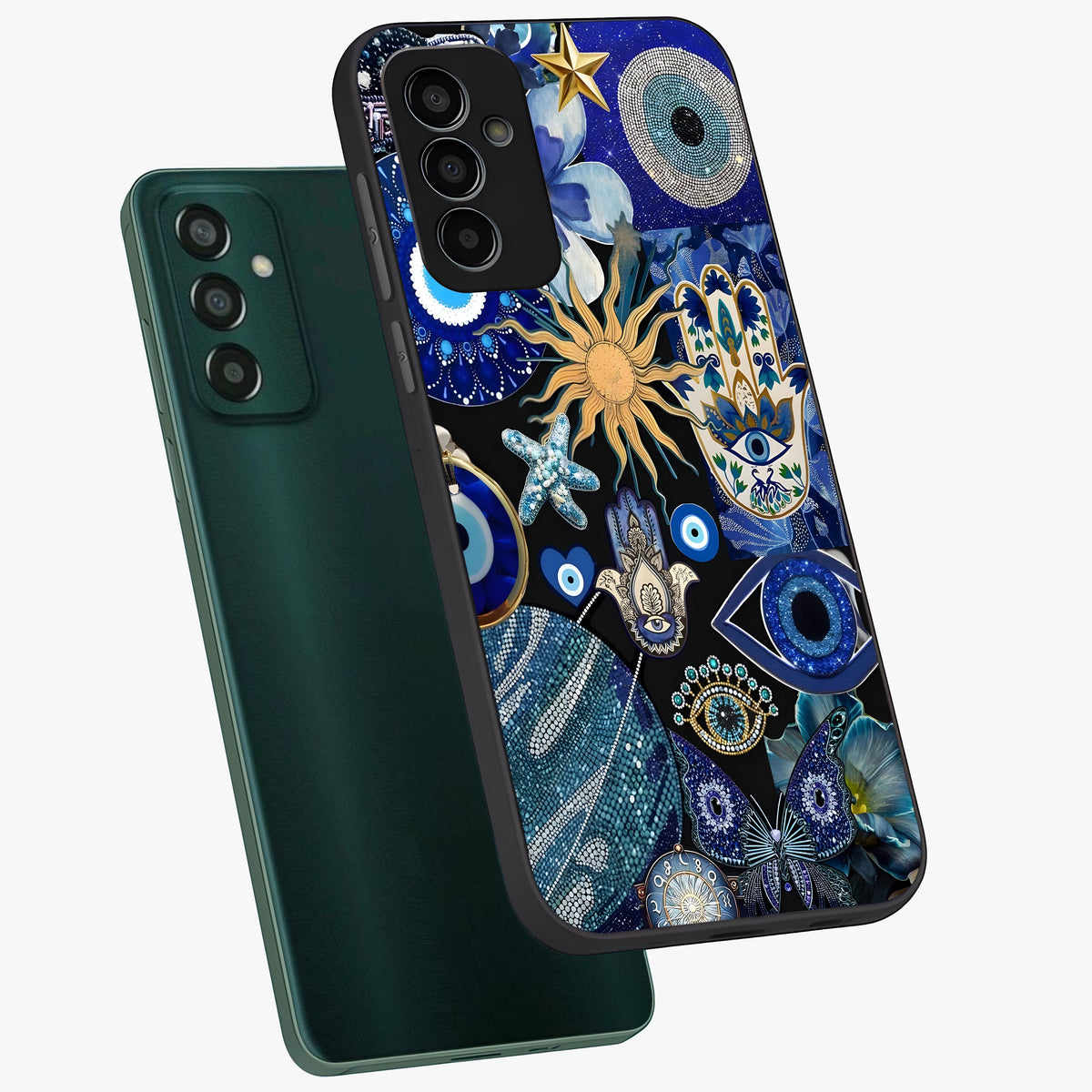 Evil Eye Charm Mix Glass Case displayed in angled mockup highlighting protective evil eye symbols with spiritual aesthetic design.