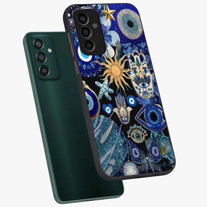 Evil Eye Charm Mix Glass Case displayed in angled mockup highlighting protective evil eye symbols with spiritual aesthetic design.
