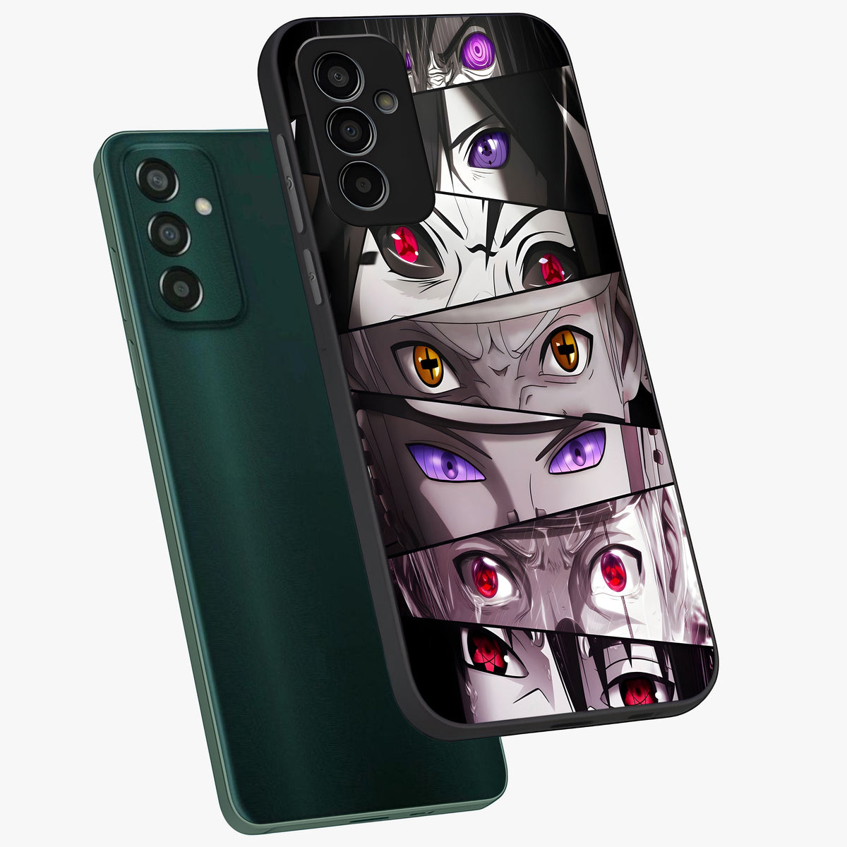 Eyes of Destiny Glass Case displayed in angled mockup highlighting bold eye illustration with mystical aesthetic style.