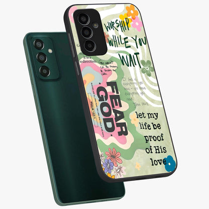Faith Over Fear Glass Case displayed in angled mockup highlighting inspirational message design with modern aesthetic style.
