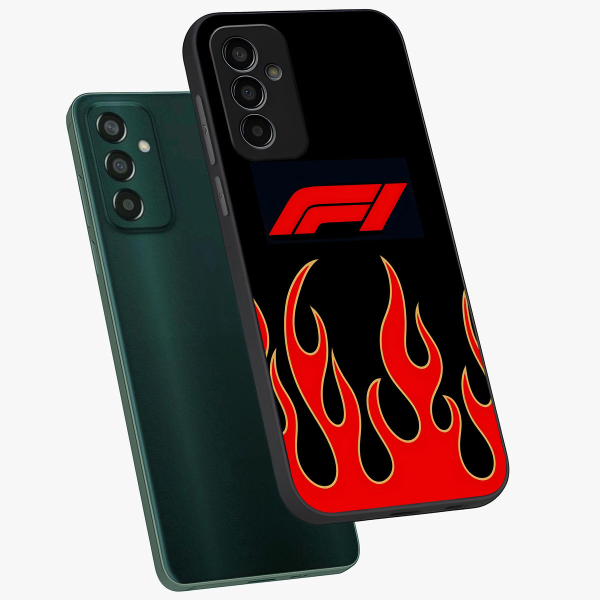 Fire F11 Glass Case displayed in angled mockup highlighting bold fire inspired graphic with energetic aesthetic style.
