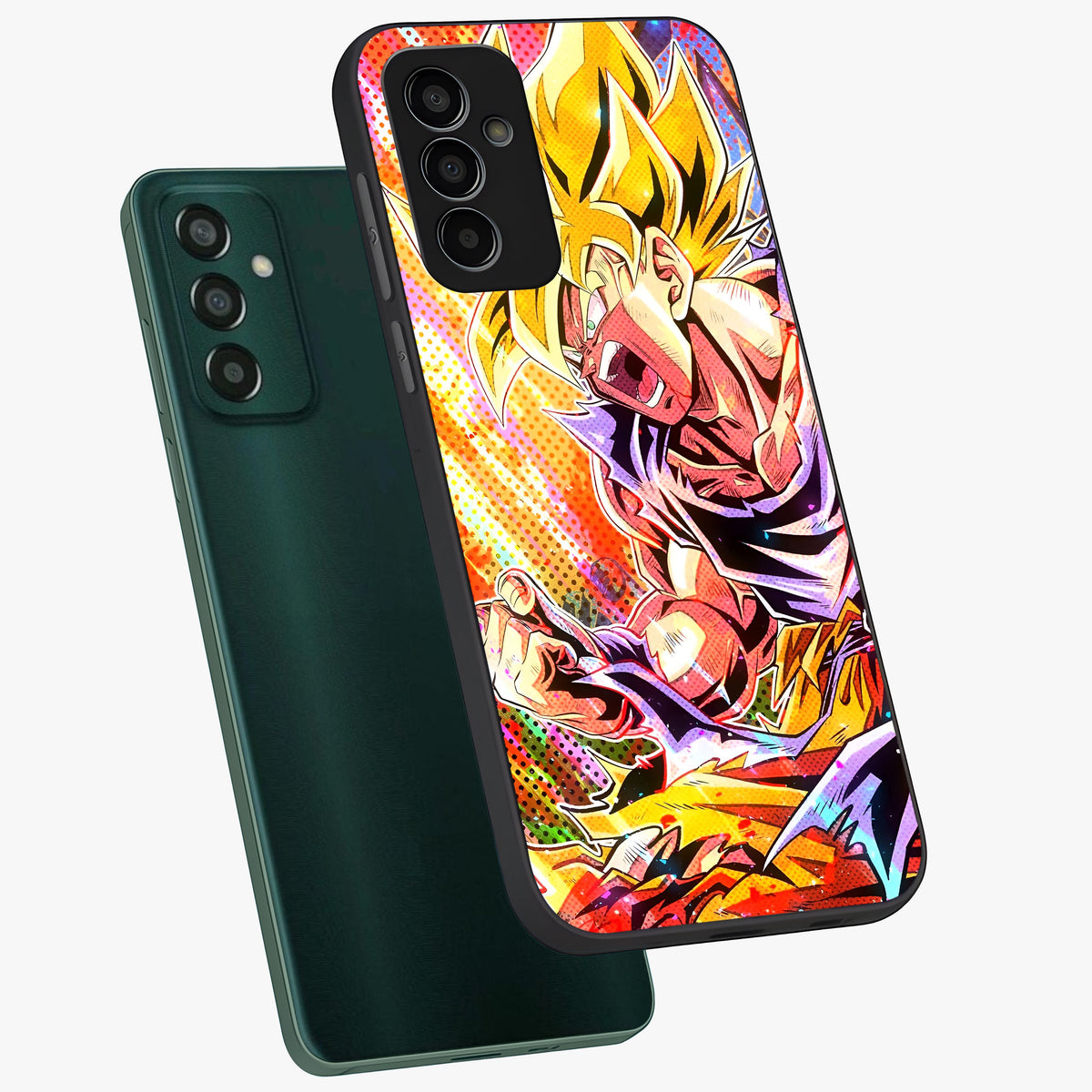 Firing Goku Glass Case displayed in angled mockup highlighting dynamic anime character design with action aesthetic.