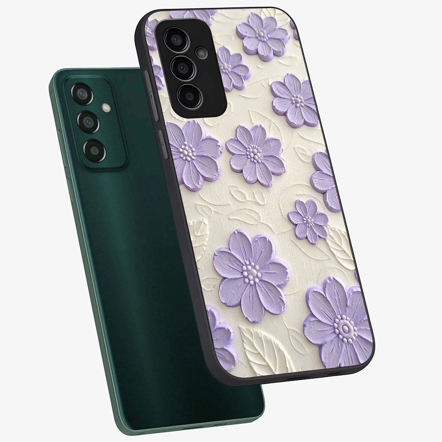 Floral Wall Art With Purple Flowers Glass Case displayed in angled mockup highlighting vibrant purple floral illustration with artistic aesthetic.