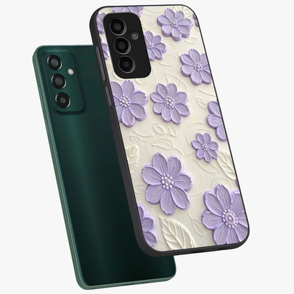 Floral Wall Art With Purple Flowers Glass Case displayed in angled mockup highlighting vibrant purple floral illustration with artistic aesthetic.
