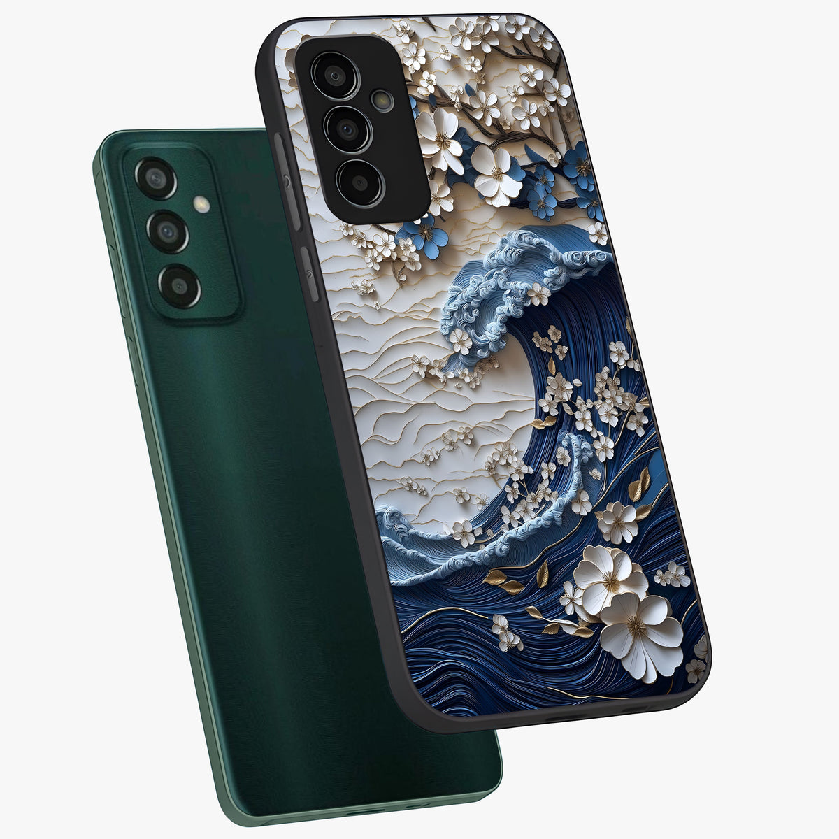 Floral Wave Origami Glass Case displayed in angled mockup highlighting geometric origami flower design with modern aesthetic style.