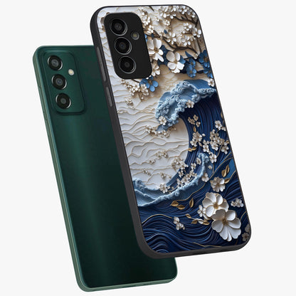 Floral Wave Origami Glass Case displayed in angled mockup highlighting geometric origami flower design with modern aesthetic style.