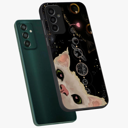 Galactic Cat Glass Case displayed in angled mockup highlighting celestial feline illustration with galaxy aesthetic style.