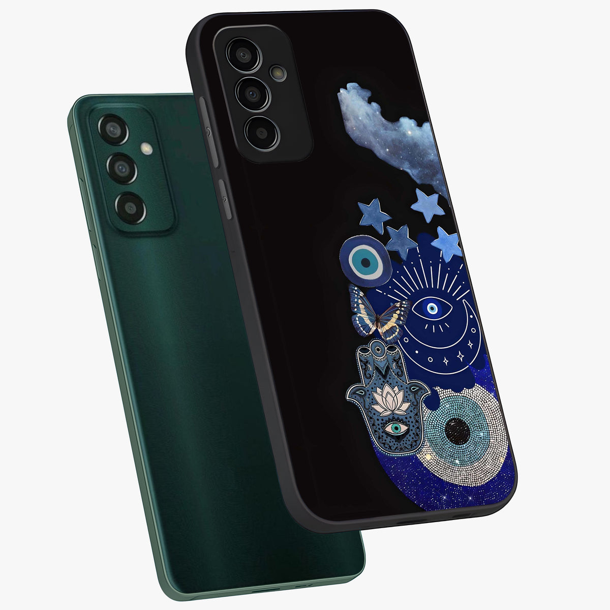 Galactic Charm Cluster Glass Case displayed in angled mockup highlighting luminous galaxy inspired design with dreamy aesthetic.