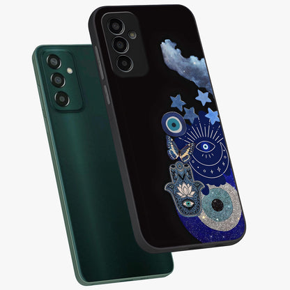 Galactic Charm Cluster Glass Case displayed in angled mockup highlighting luminous galaxy inspired design with dreamy aesthetic.