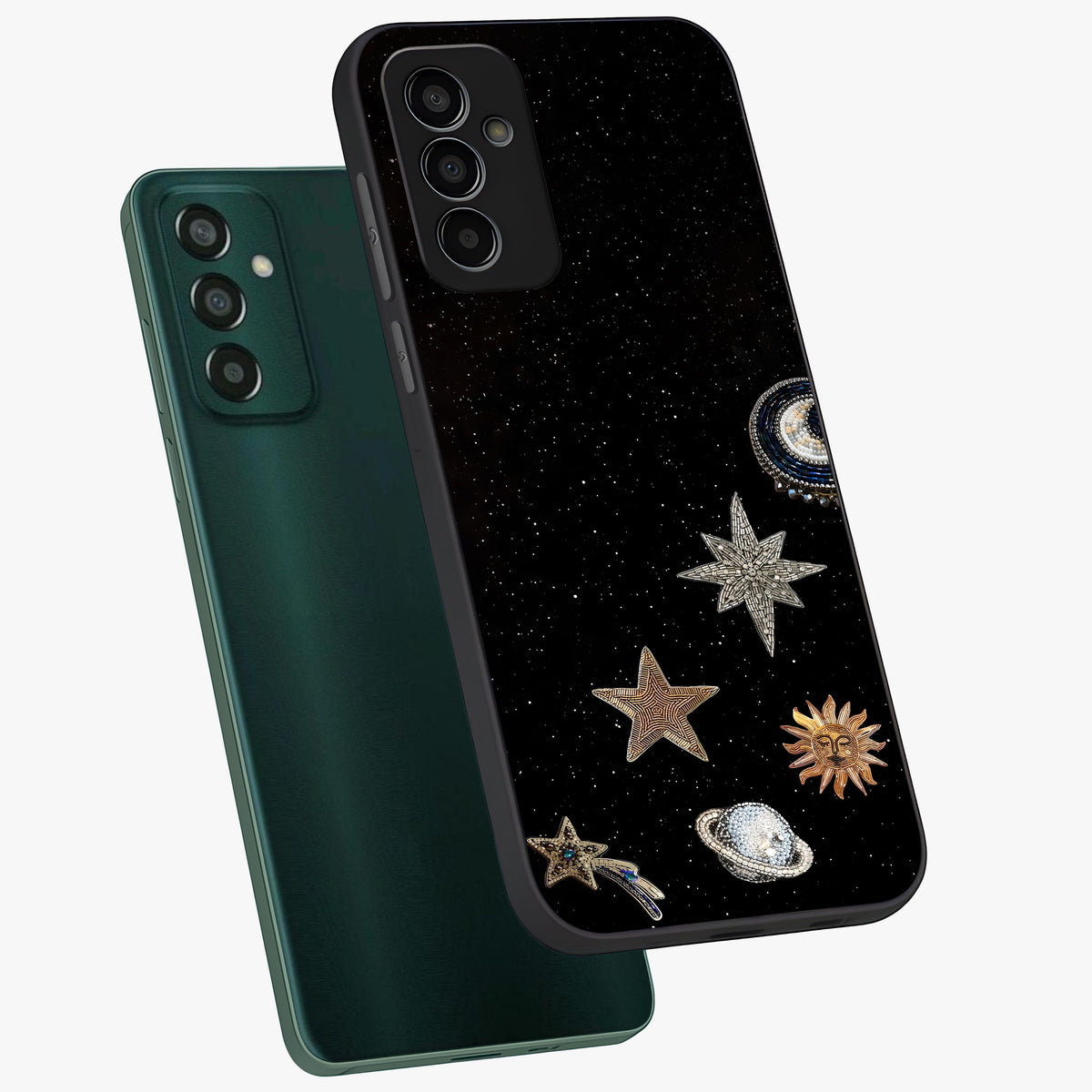 Galactic Charm Glow Glass Case displayed in angled mockup highlighting luminous galaxy inspired design with dreamy aesthetic.
