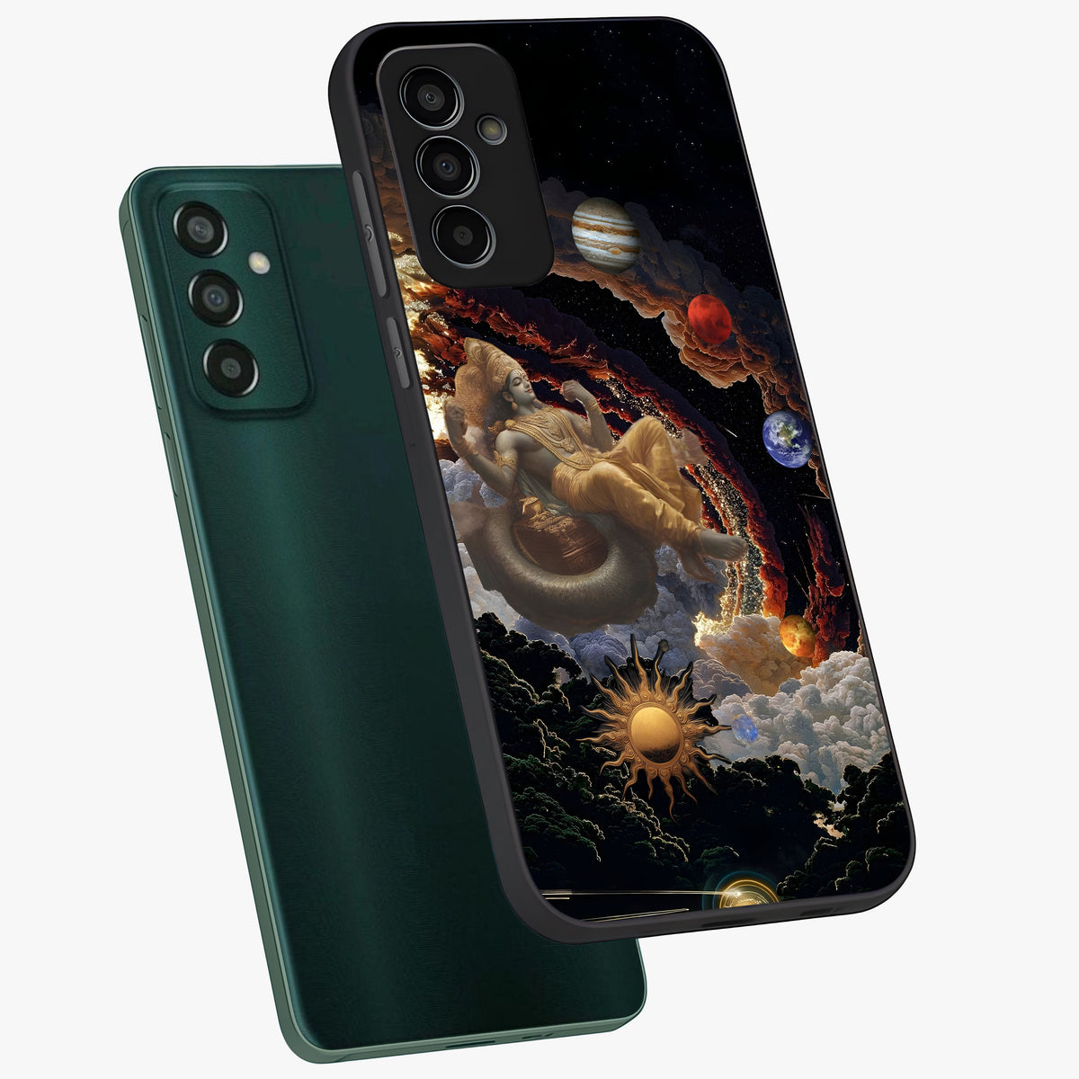 Galactic Divine God Glass Case displayed in angled mockup highlighting powerful celestial deity illustration with galactic aesthetic.