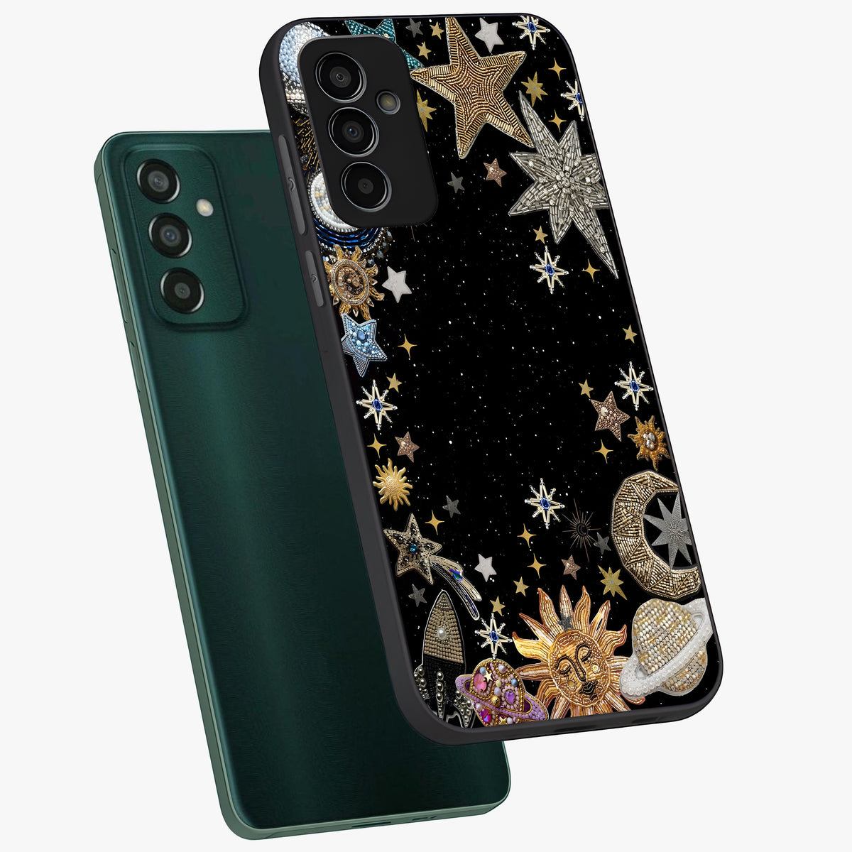 Galactic Jewel Stars Glass Case displayed in angled mockup highlighting shining celestial star design with cosmic aesthetic style.