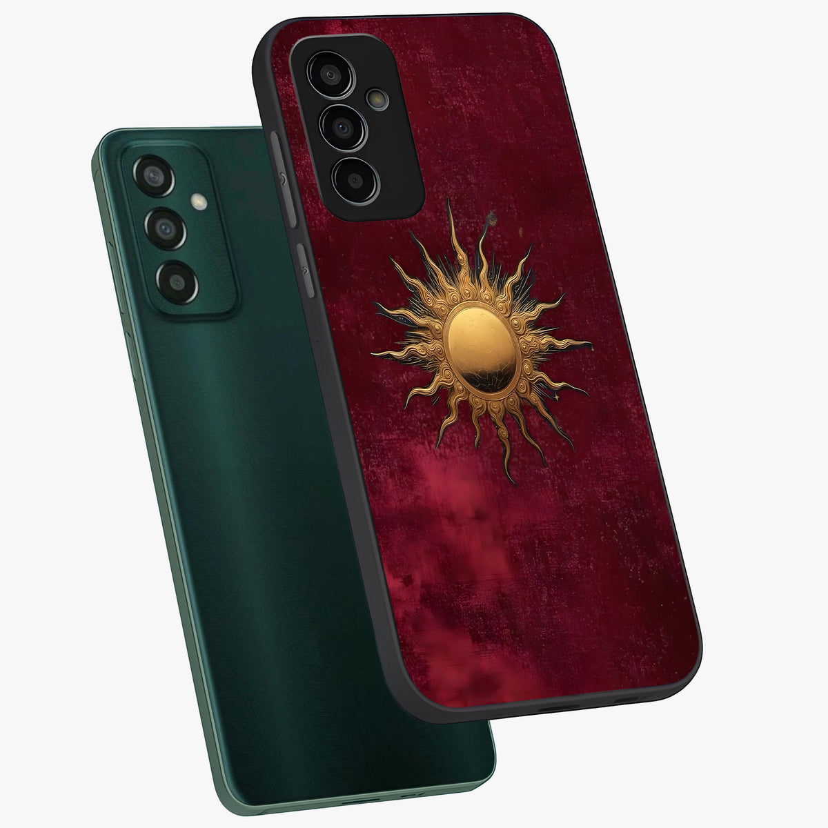 Golden Sun Minimalism Glass Case displayed in angled mockup highlighting clean sun symbol design with modern minimal aesthetic.
