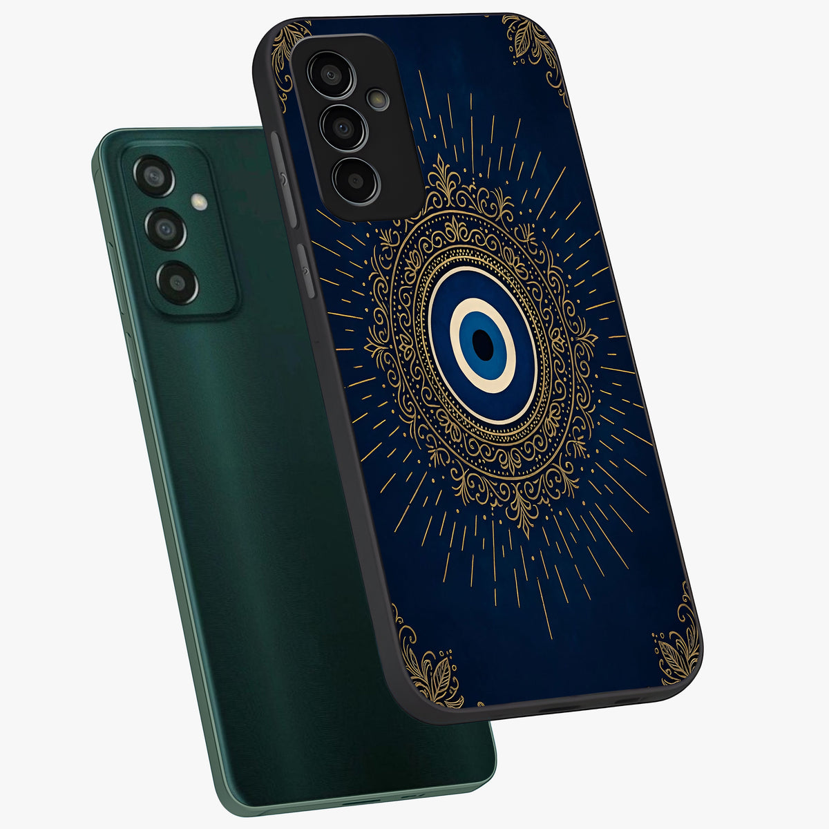 Golden Celestial Charm Glass Case displayed in angled mockup highlighting sparkling cosmic charm design with celestial aesthetic.