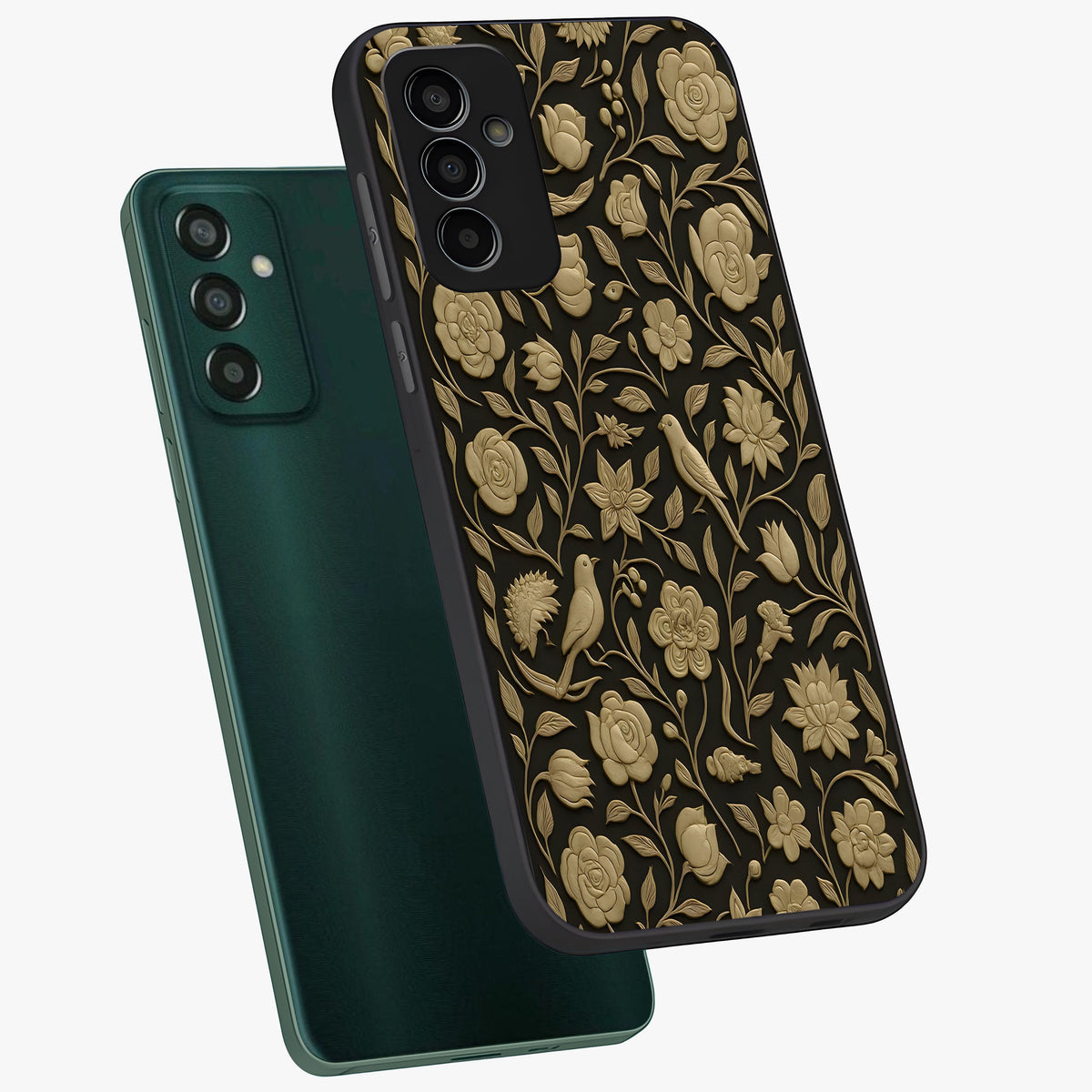 Golden Evil Eye Mandala Glass Case displayed in angled mockup highlighting protective evil eye symbol with golden mandala design.