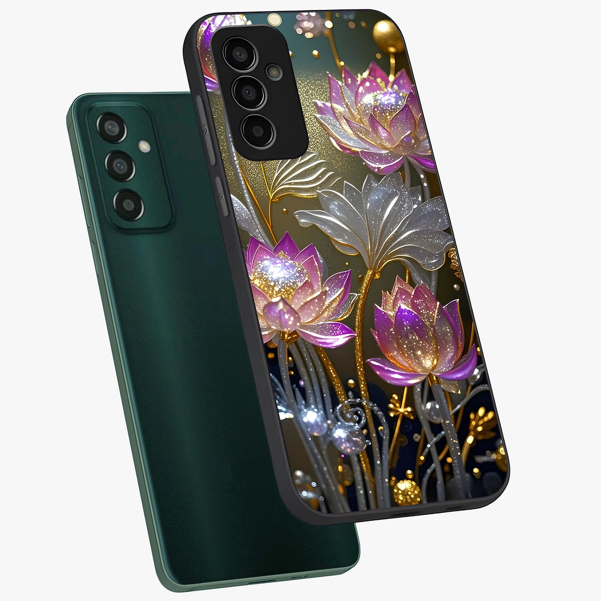 Golden Floral Majesty Glass Case displayed in angled mockup highlighting elegant flower design with royal golden aesthetic.