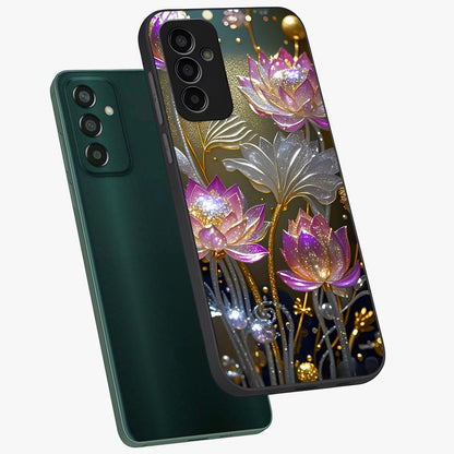 Golden Floral Majesty Glass Case displayed in angled mockup highlighting elegant flower design with royal golden aesthetic.