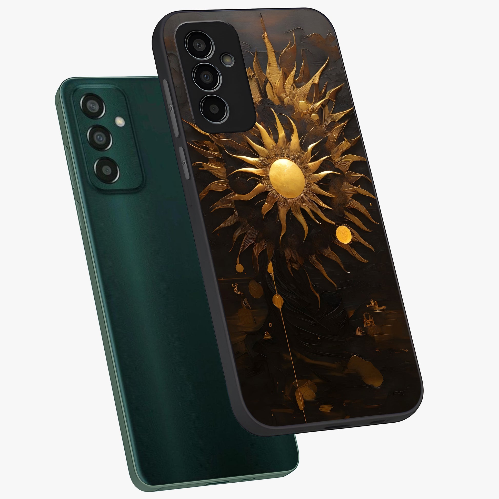 Golden Sun Majesty Glass Case displayed in angled mockup highlighting eerie shadow illustration with gothic aesthetic.