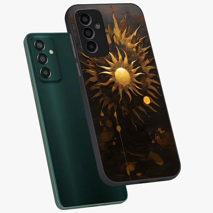 Golden Sun Majesty Glass Case displayed in angled mockup highlighting eerie shadow illustration with gothic aesthetic.