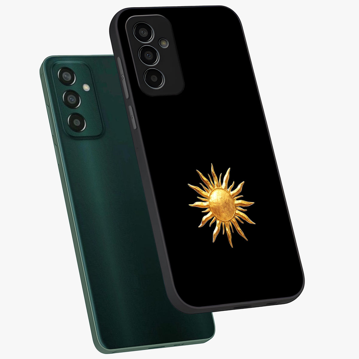 Golden Sun Minimalism Glass Case displayed in angled mockup highlighting eerie shadow illustration with gothic aesthetic.