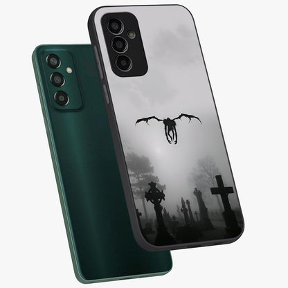 Graveyard Shadow Descent Glass Case displayed in angled mockup highlighting eerie shadow illustration with gothic aesthetic.