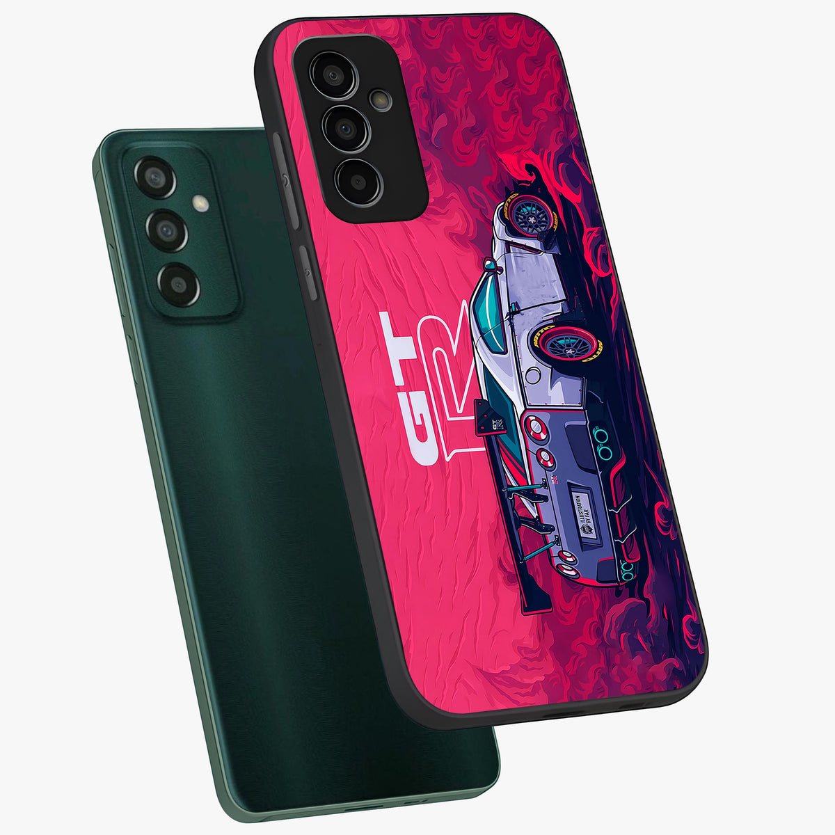 GT-R Car Pattern Glass Case displayed in angled mockup highlighting racing car graphic design with bold automotive aesthetic.