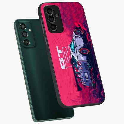 GT-R Car Pattern Glass Case displayed in angled mockup highlighting racing car graphic design with bold automotive aesthetic.