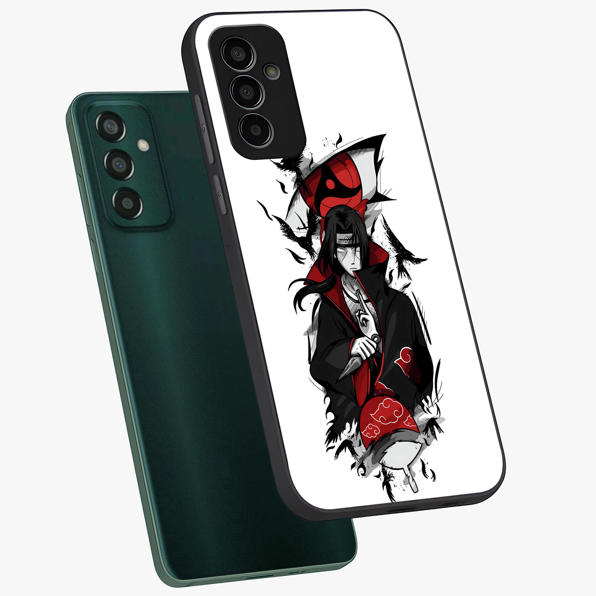 Itachi Limited Edition Naruto Anime Glass Case displayed in angled mockup highlighting dramatic anime illustration with bold action aesthetic.