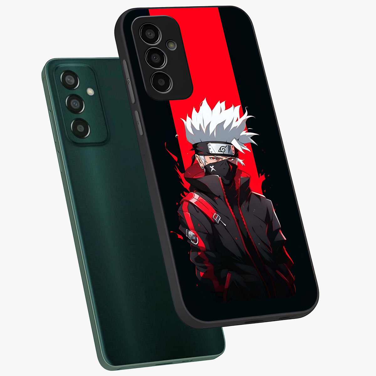 Kakashi Scarlet Shadow Glass Case displayed in angled mockup highlighting dramatic ninja illustration with scarlet themed aesthetic.