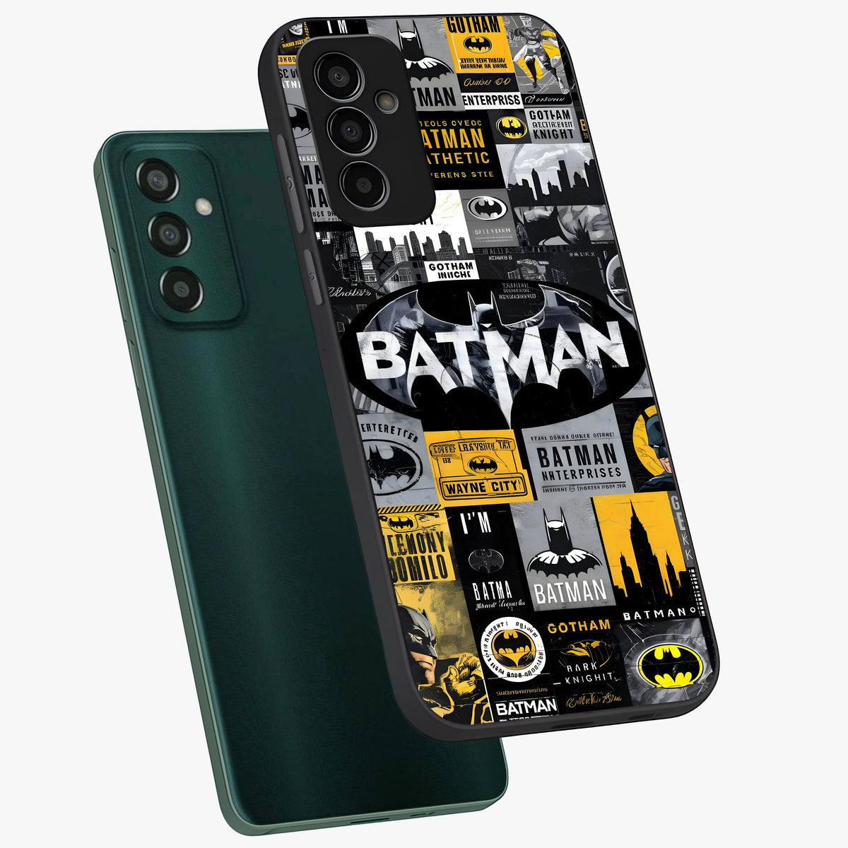 Knight Gotham Rise Glass Case displayed in angled mockup highlighting powerful knight silhouette design with dramatic aesthetic.