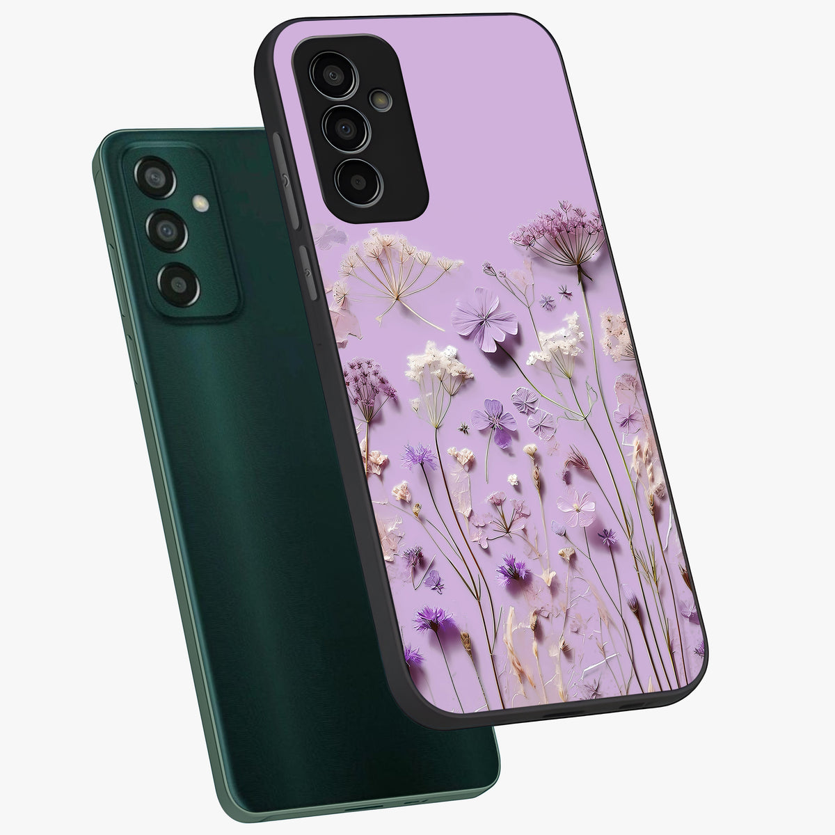 Lavender Blossom Dream Glass Case displayed in angled mockup highlighting dreamy lavender flower design with calming aesthetic style.