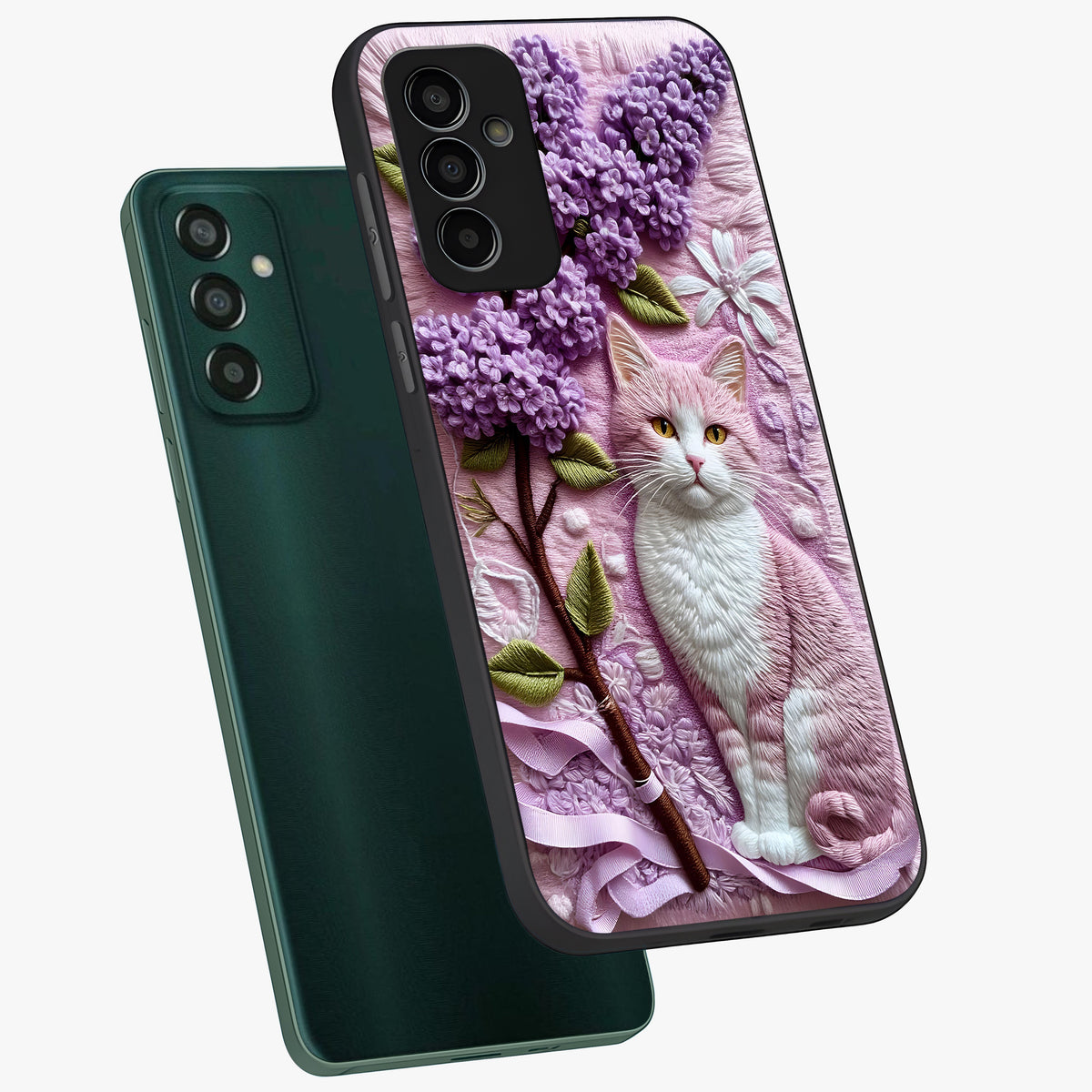 Lavender Cat Whimsy Glass Case displayed in angled mockup highlighting playful feline illustration with pastel lavender aesthetic.