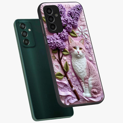 Lavender Cat Whimsy Glass Case displayed in angled mockup highlighting playful feline illustration with pastel lavender aesthetic.