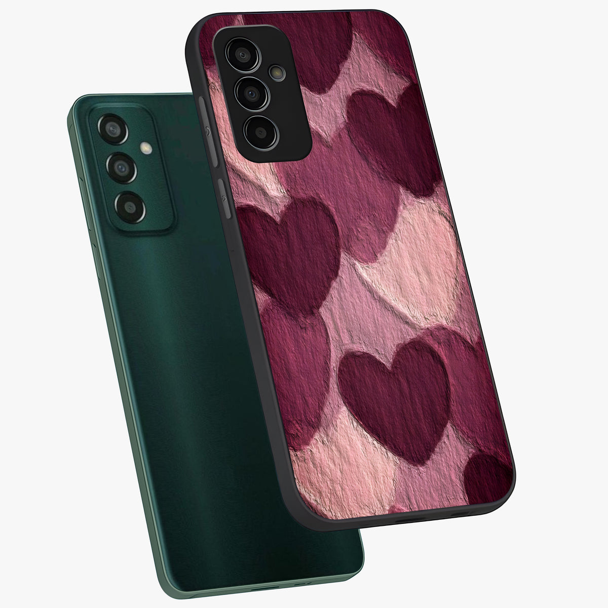 Layered Paper Hearts Glass Case displayed in angled mockup highlighting creative paper craft heart design with romantic aesthetic.