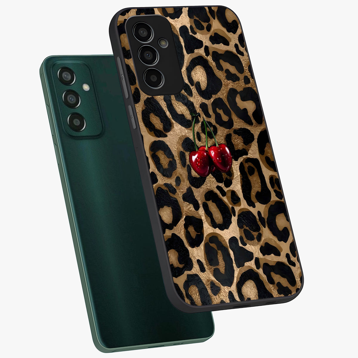 Leopard Wild Cherry Glass Case displayed in angled mockup highlighting bold animal print design with playful cherry aesthetic.