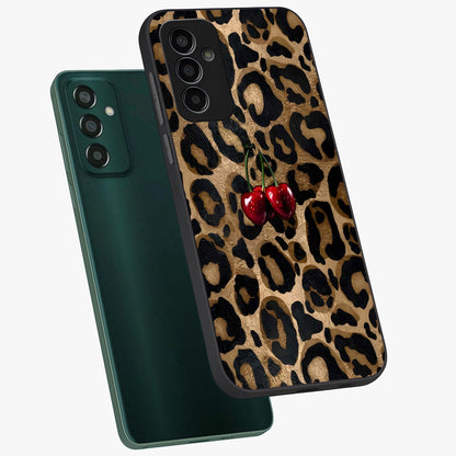 Leopard Wild Cherry Glass Case displayed in angled mockup highlighting bold animal print design with playful cherry aesthetic.