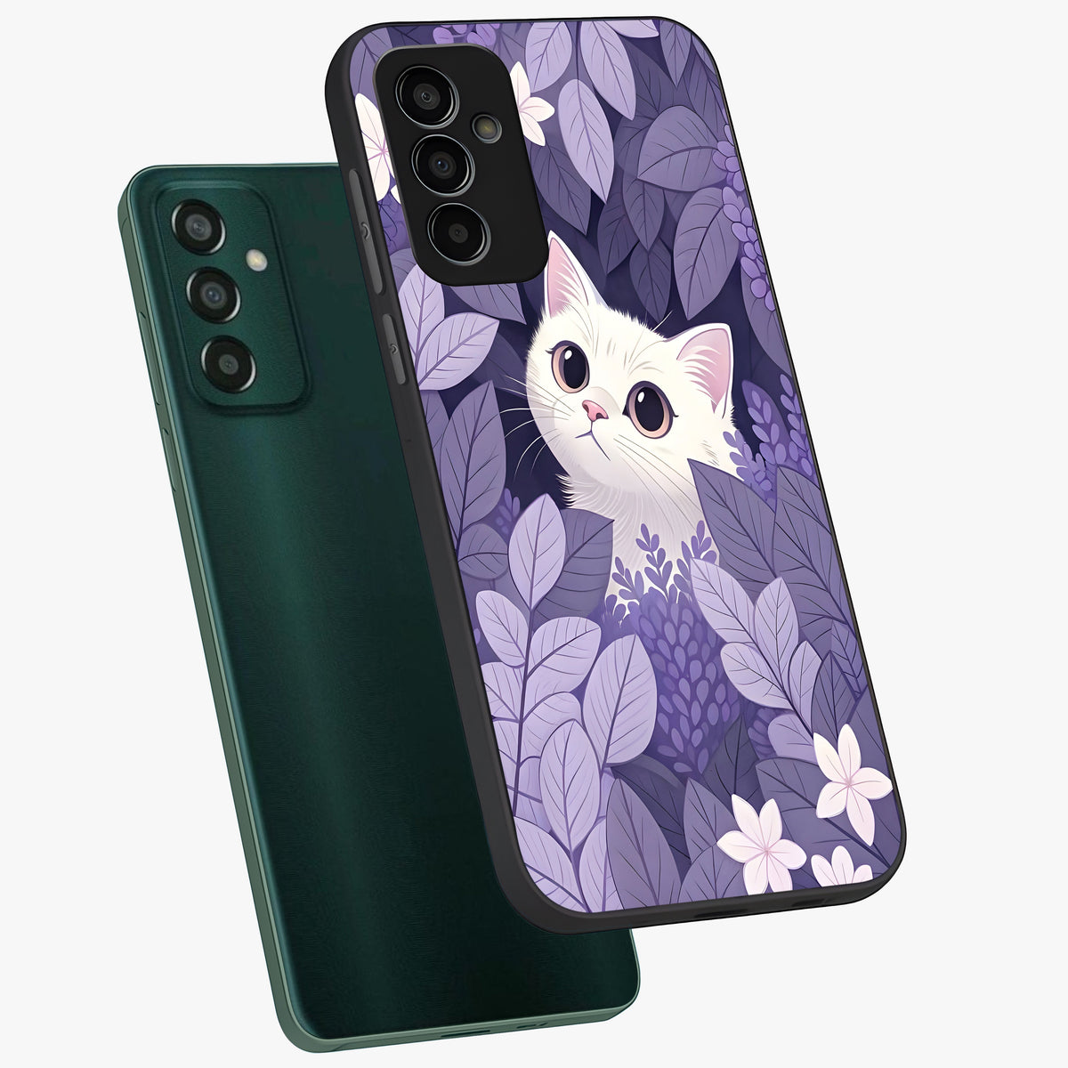 Lilac Hide Peek Cat Glass Case displayed in angled mockup highlighting playful feline illustration with lilac aesthetic design.