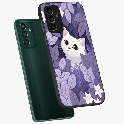 Lilac Hide Peek Cat Glass Case displayed in angled mockup highlighting playful feline illustration with lilac aesthetic design.