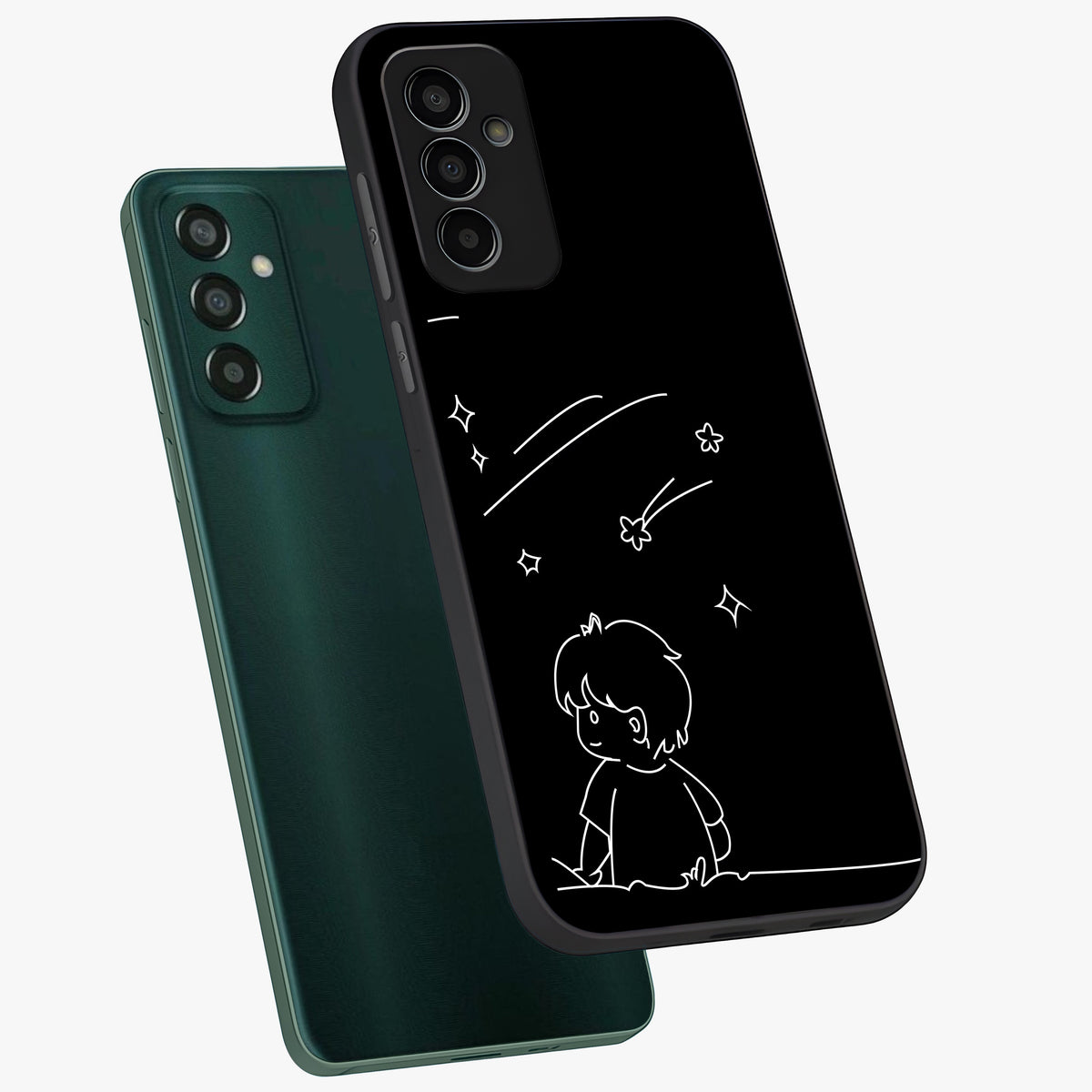 Line Art Boy With Shooting Stars Glass Case displayed in angled mockup highlighting elegant line art design with dreamy star aesthetic.