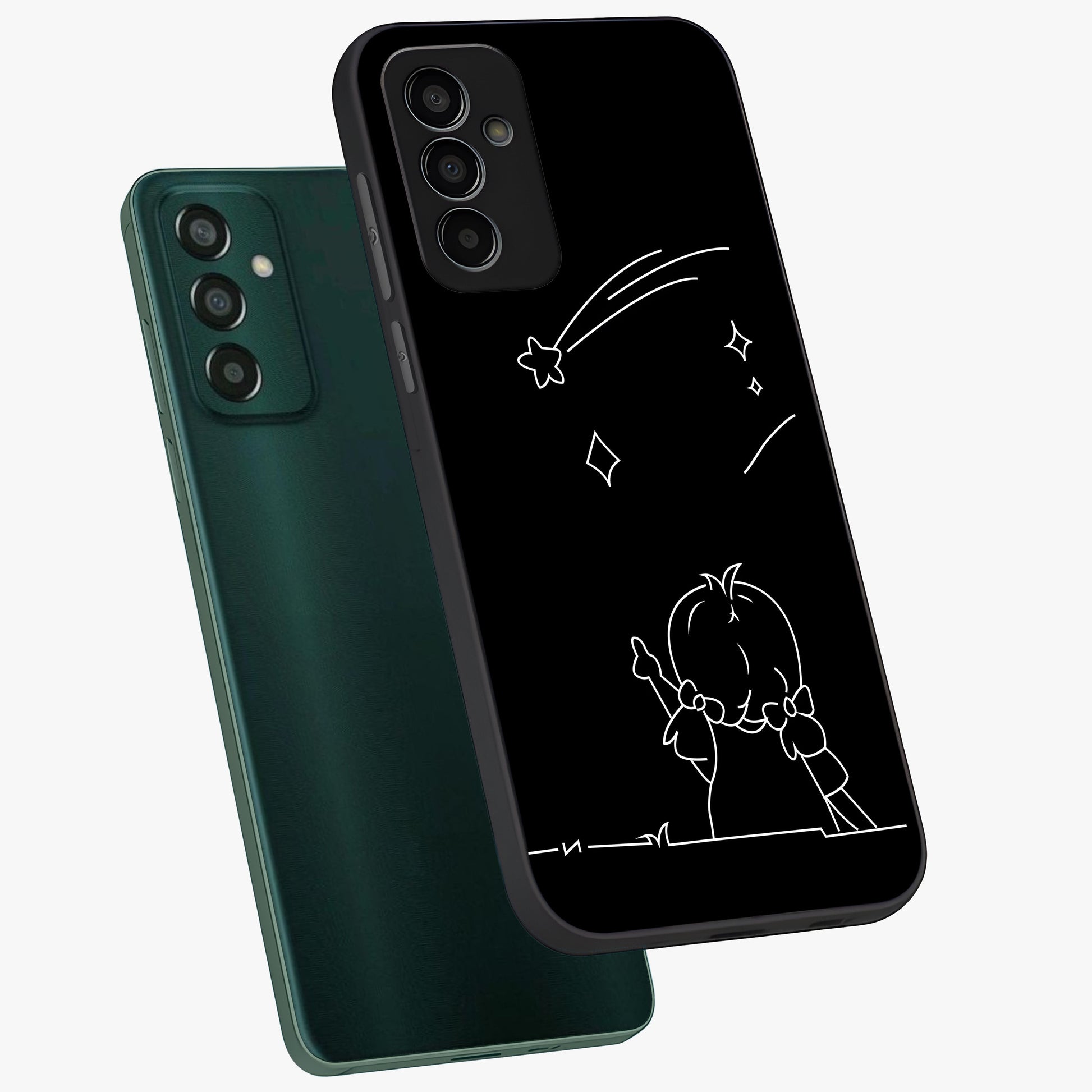 Line Art Girl With Shooting Stars Glass Case displayed in angled mockup highlighting elegant line art design with dreamy star aesthetic.