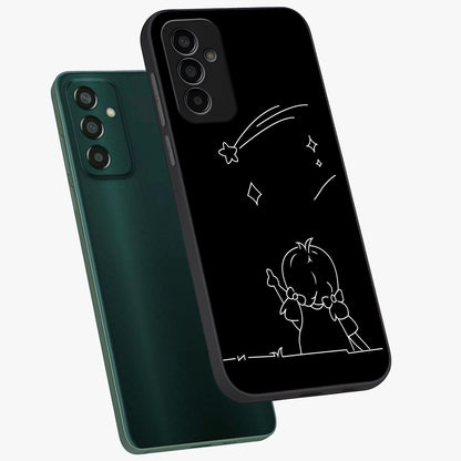 Line Art Girl With Shooting Stars Glass Case displayed in angled mockup highlighting elegant line art design with dreamy star aesthetic.