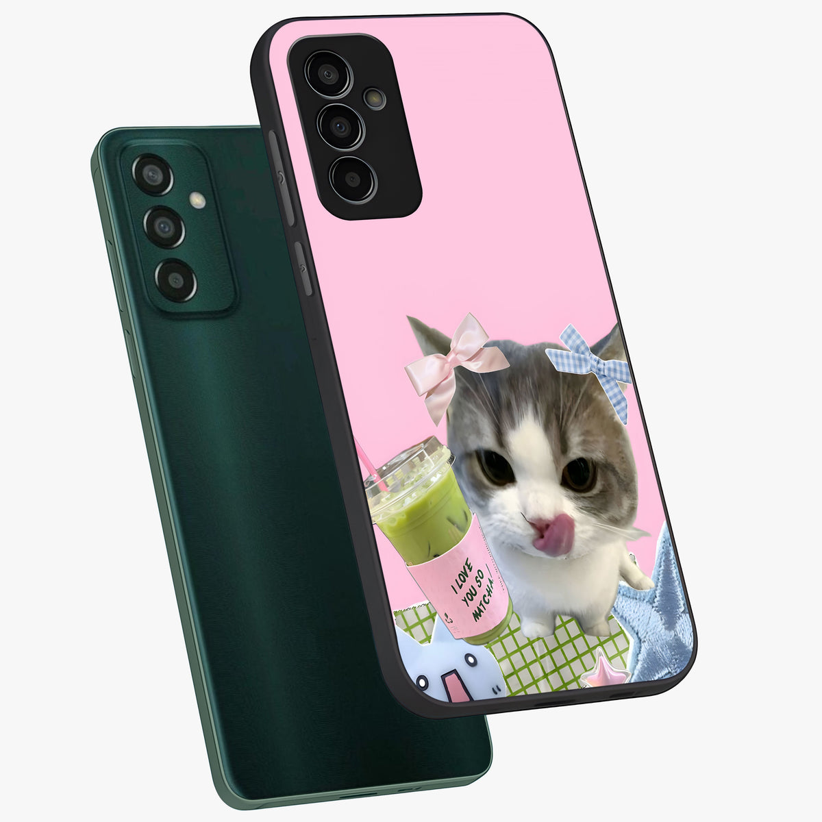 Love Matcha Cat Glass Case displayed in angled mockup highlighting playful feline illustration with cozy matcha aesthetic.