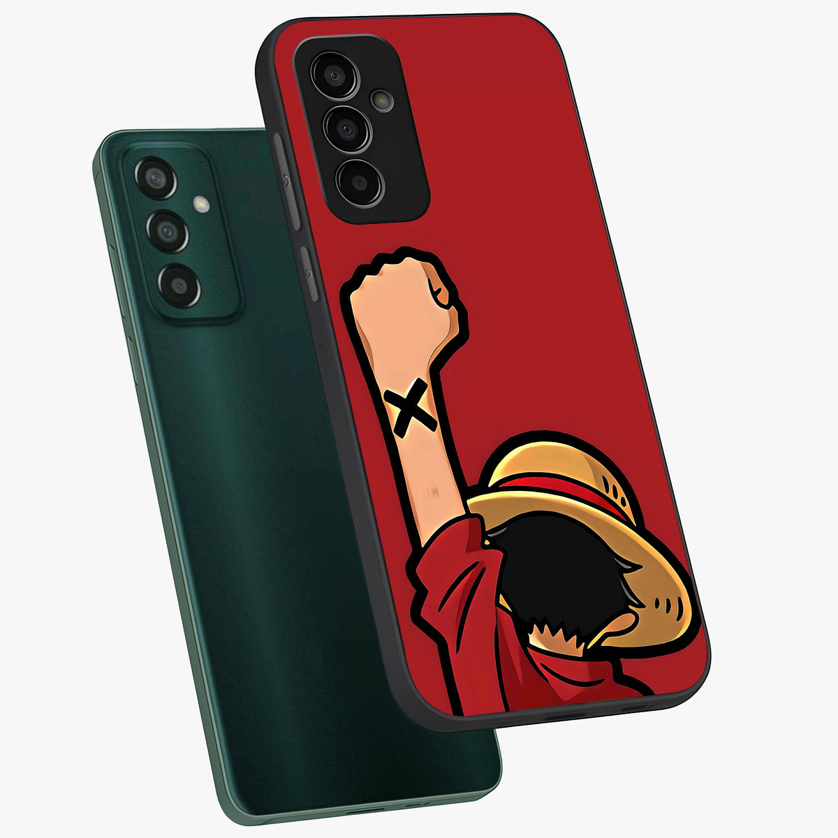 Luffy X Spirit Glass Case displayed in angled mockup highlighting powerful anime design with energetic action aesthetic.