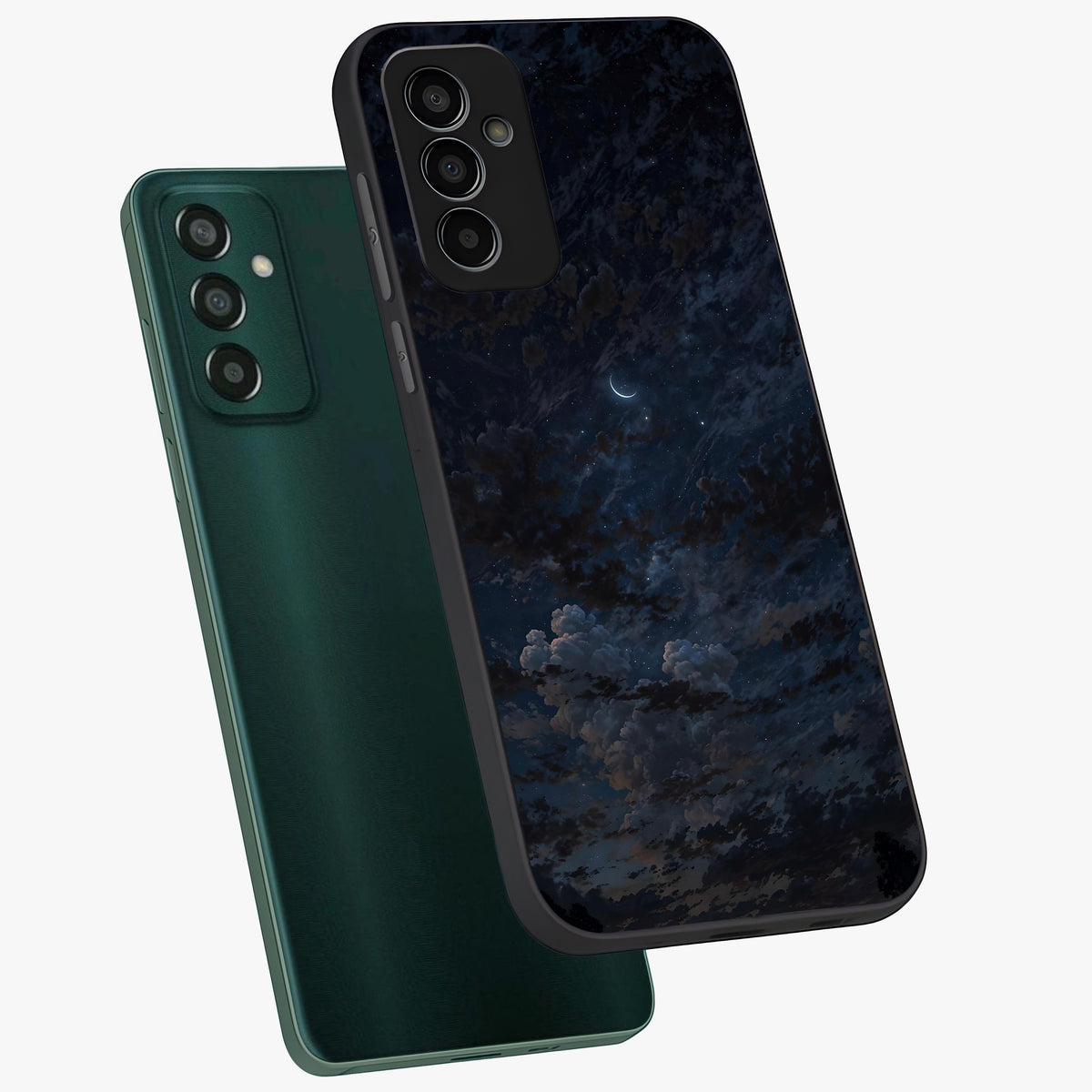 Lunar Veil Silence Glass Case displayed in angled mockup highlighting soft lunar design with peaceful celestial aesthetic.