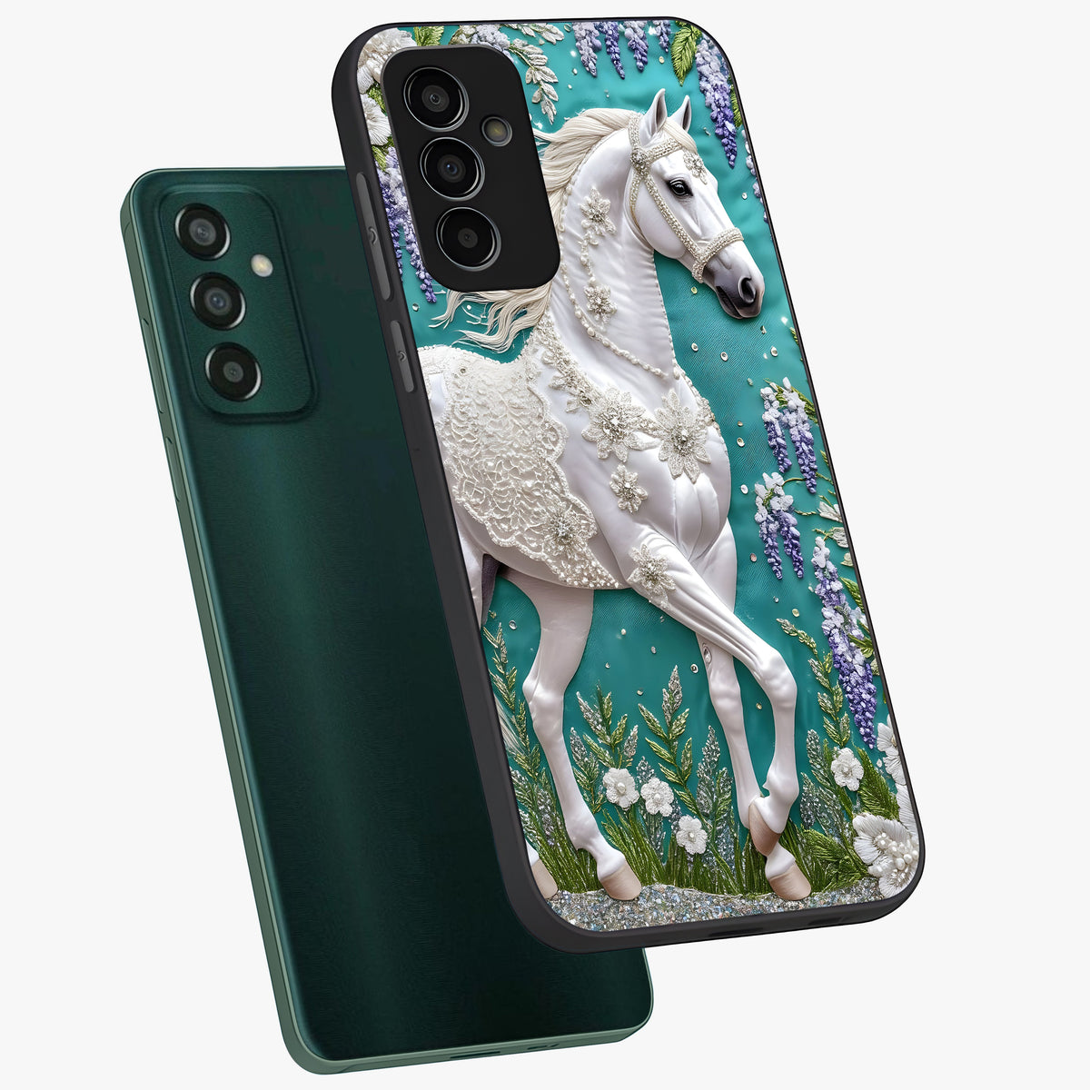 Majestic Floral Stallion Glass Case displayed in angled mockup highlighting majestic stallion illustration with elegant floral aesthetic.