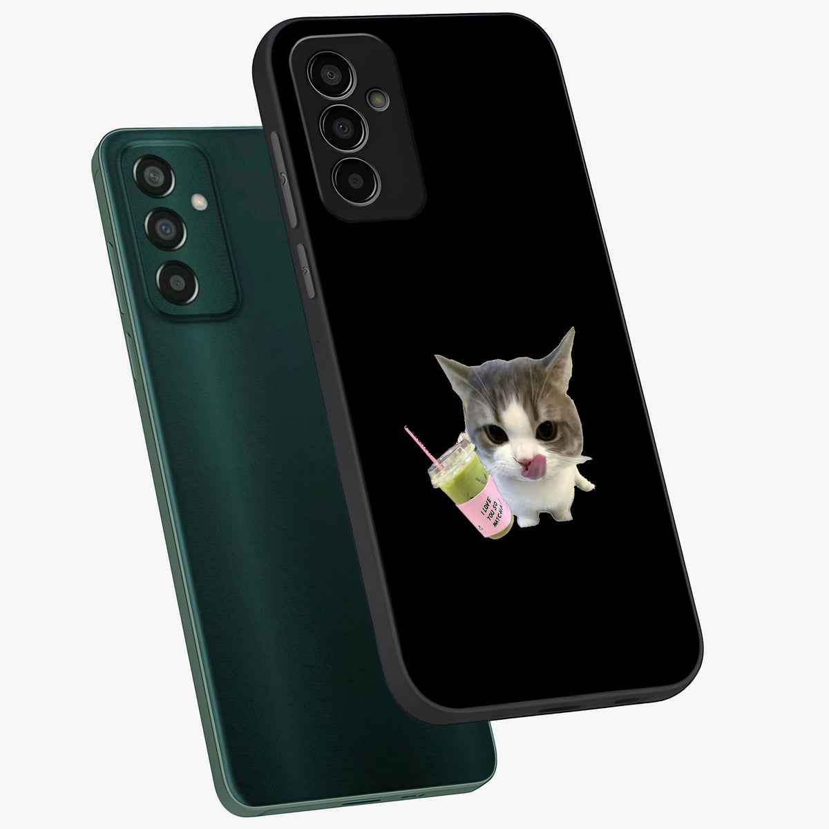 Matcha Cat Style Glass Case displayed in angled mockup highlighting playful feline design with pastel matcha aesthetic.