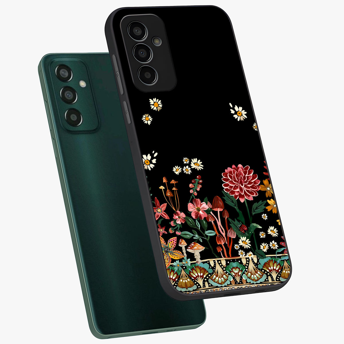 Midnight Bloom Pattern Glass Case displayed in angled mockup highlighting elegant flower design with midnight aesthetic style.