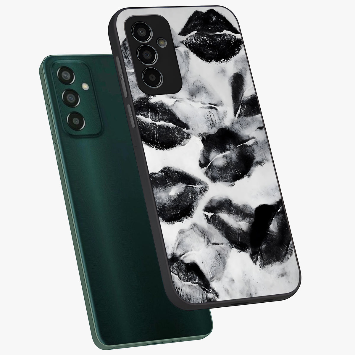 Midnight Kiss Marks Glass Case displayed in angled mockup highlighting playful romantic design with bold midnight aesthetic.