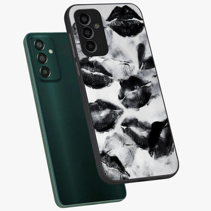 Midnight Kiss Marks Glass Case displayed in angled mockup highlighting playful romantic design with bold midnight aesthetic.